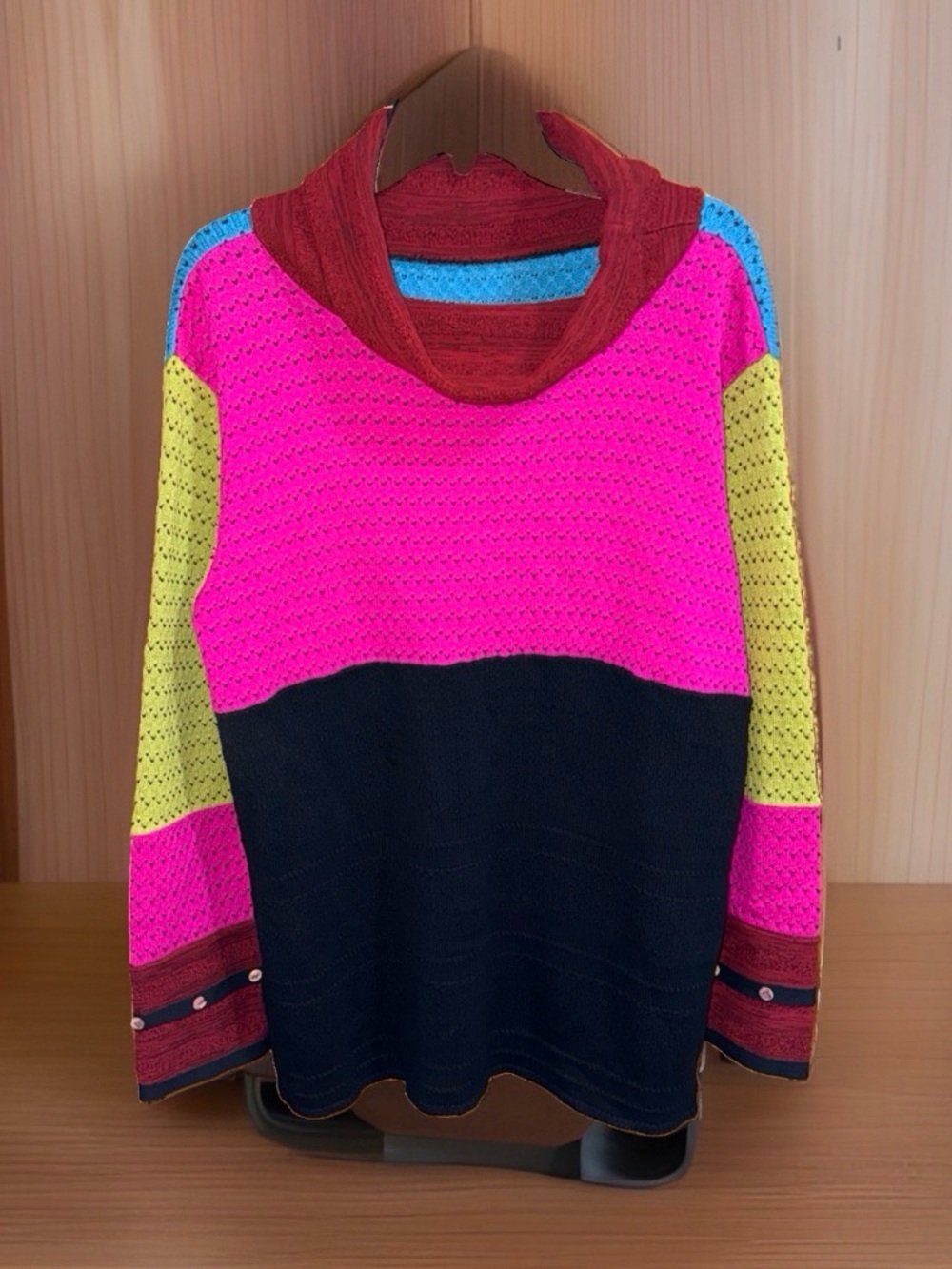 Margaret Winters Colorblock Cowl Neck Sweater in Pink, Black & Lime-L-EC